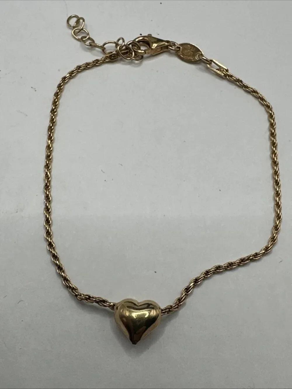 Dyadema 14k YG Plated Solid Sterling Silver Heart Charm Rope Bracelet 6.5 +1” Ex